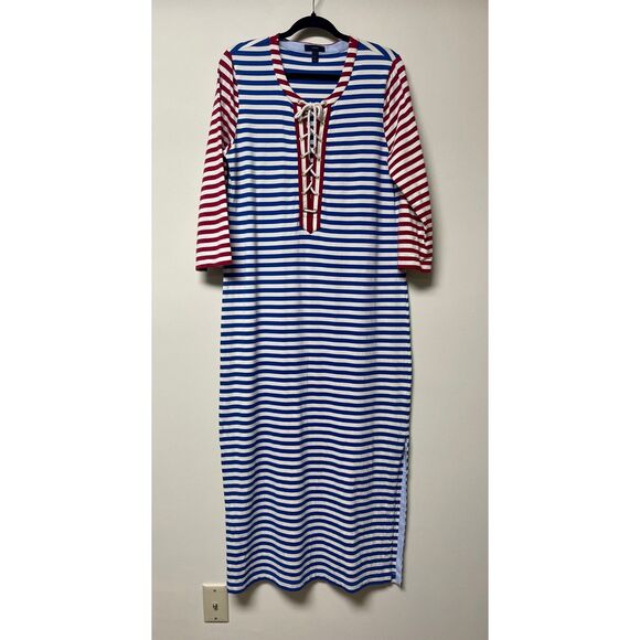 J CREW Sammie Stripe Baltic Maxi Dress, Lace Up Tie Front, Sz L - Picture 3 of 11